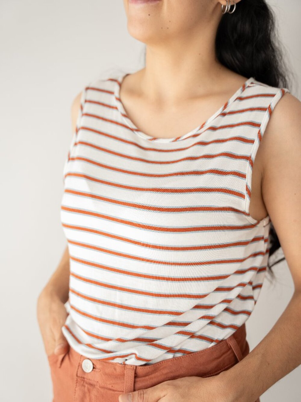 Made in USA Striped Tie Back Sleeveless Tank Top White Rust Orange Summer Top